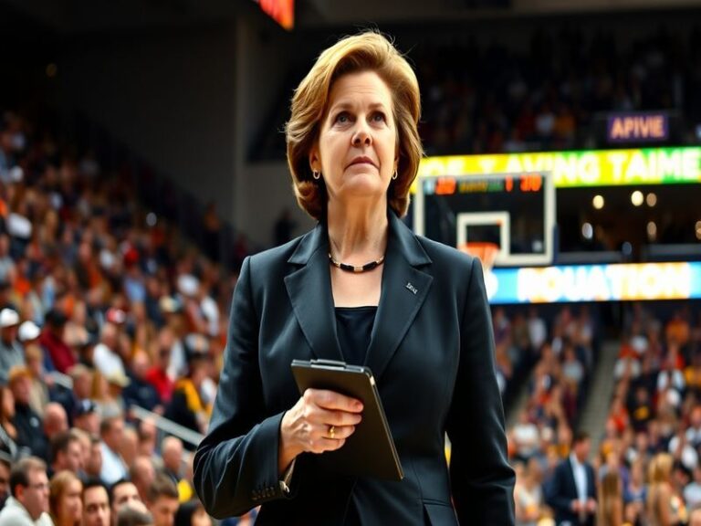A powerful portrait of Pat Summitt on the basketball court, showcasing her determination and passion for women's sports.