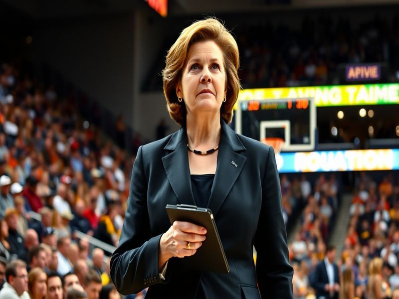A powerful portrait of Pat Summitt on the basketball court, showcasing her determination and passion for women's sports.