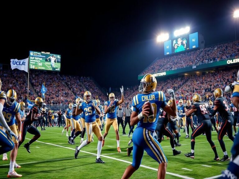 A dynamic image of a college football game, featuring UCLA and UCF players in action, showcasing energy and excitement on the