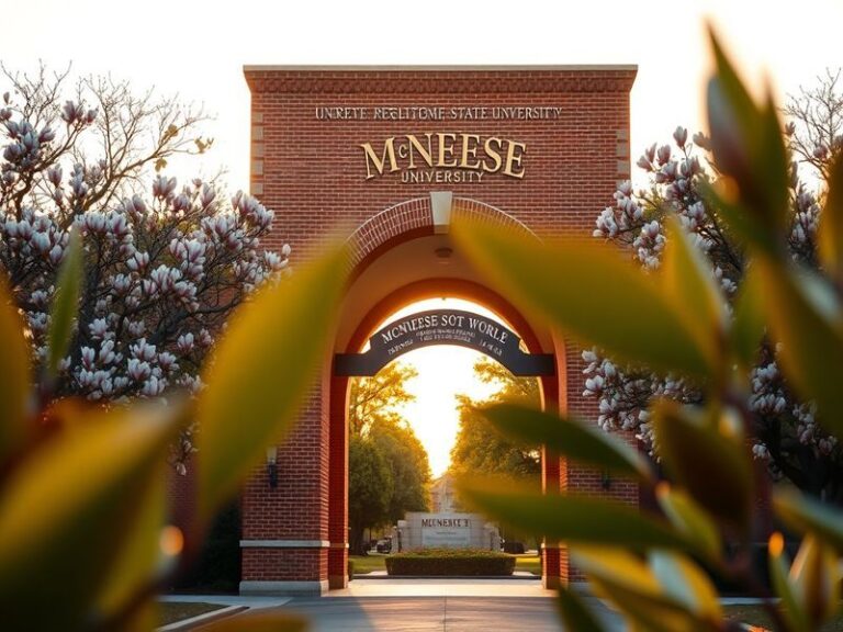 A vibrant campus scene at McNeese State University, featuring students engaged in various activities, with the iconic univers