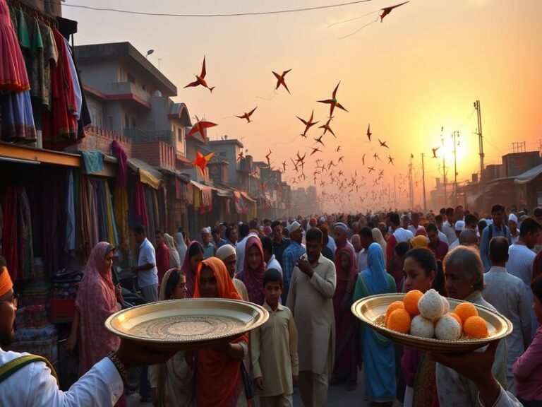 A vibrant scene depicting families celebrating Eid in Pakistan, showcasing colorful attire, traditional dishes, and communal