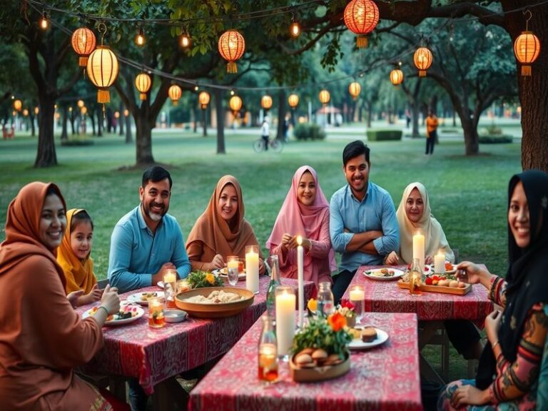 A vibrant scene of families celebrating Eid, wearing traditional attire, sharing meals, and engaging in joyful festivities in