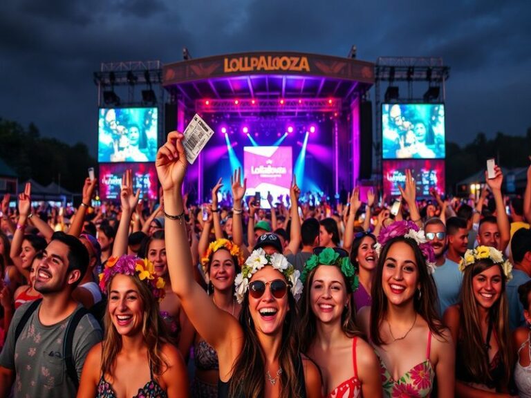 A vibrant image of the Lollapalooza festival, showcasing a bustling crowd enjoying live music in Grant Park, with colorful li