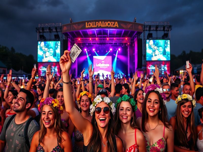 A vibrant image of the Lollapalooza festival, showcasing a bustling crowd enjoying live music in Grant Park, with colorful li