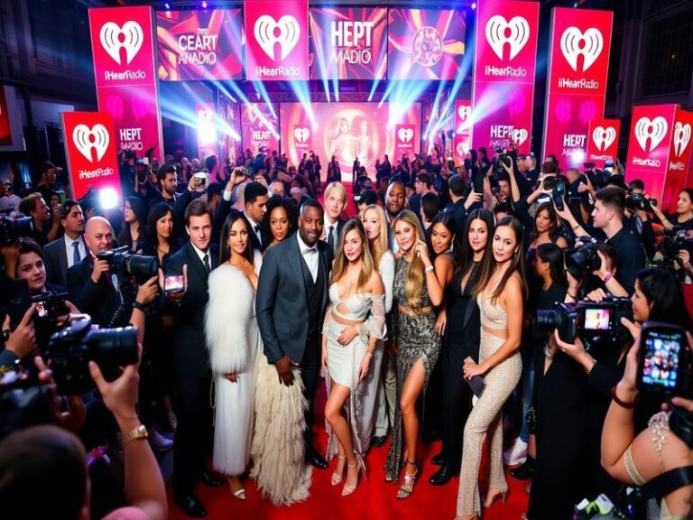 An energetic scene from the iHeartRadio Awards, showcasing artists on stage, vibrant lights, and a cheering audience.