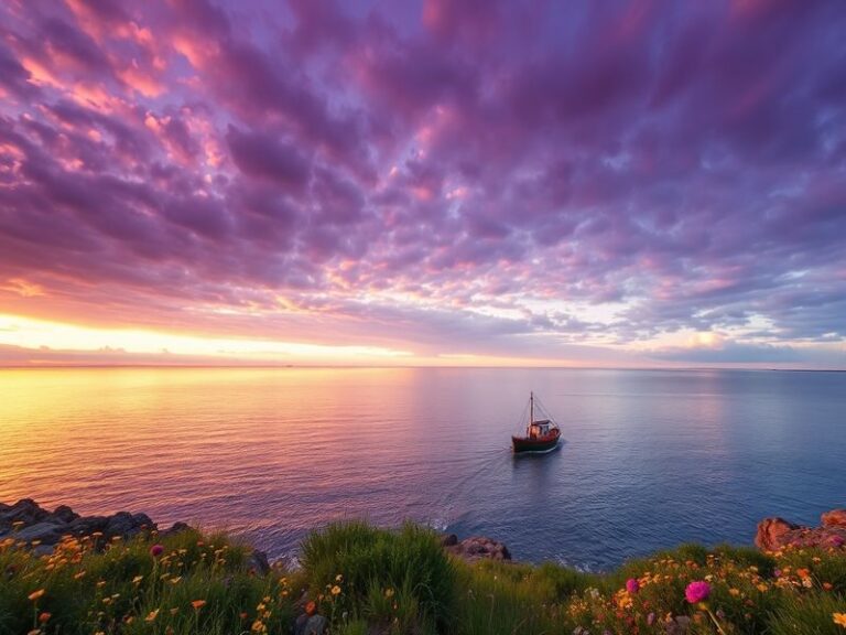 Aerial view of the Caspian Sea at sunset, showing its vast expanse bordered by mountains and industrial ports. The scene incl