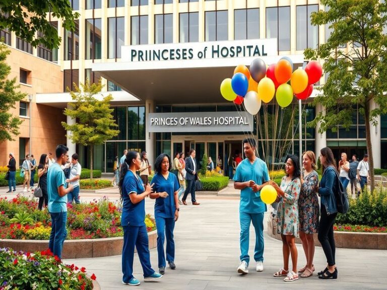 A photograph of the Princess of Wales Hospital building, showcasing its modern architecture and surrounding greenery, conveyi