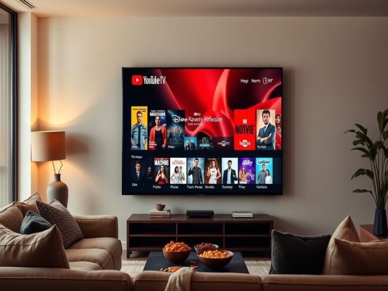 A split-screen image showing a family watching YouTube TV on a living room TV and a smartphone, with sports highlights and ne