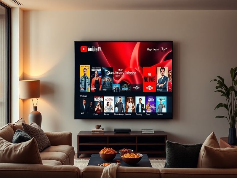A split-screen image showing a family watching YouTube TV on a living room TV and a smartphone, with sports highlights and ne