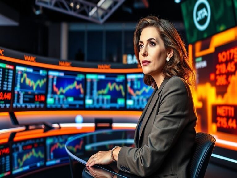 A professional portrait of Sara Eisen, showcasing her in a CNBC studio, with financial graphs and market data displayed on sc