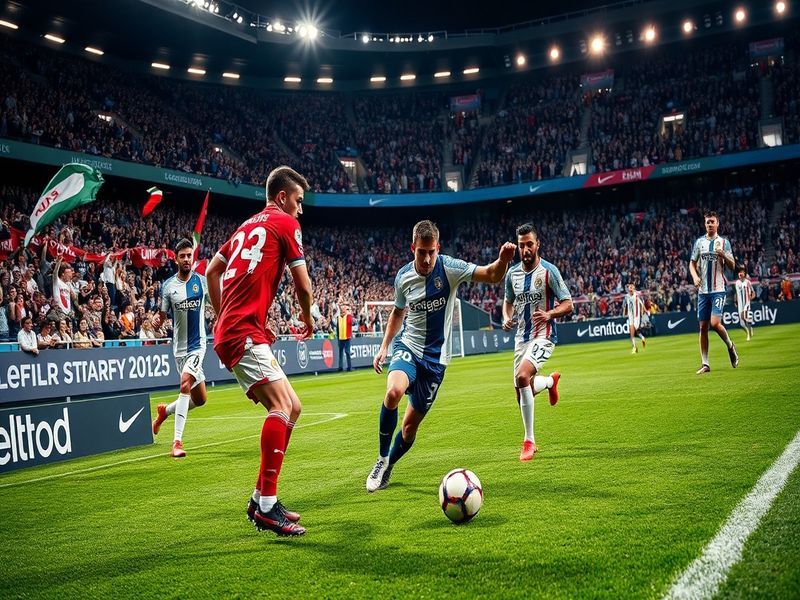 A vibrant stadium scene showcasing Lyon and Celta Vigo players in action, emphasizing the intensity and passion of the match.