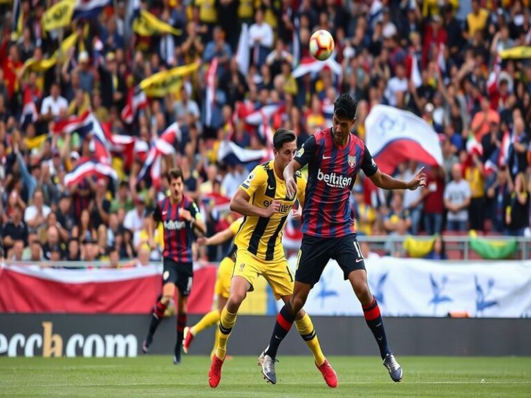 An intense football match scene showing players from AEK Larnaca and Crystal Palace in action, with fans cheering in a vibran