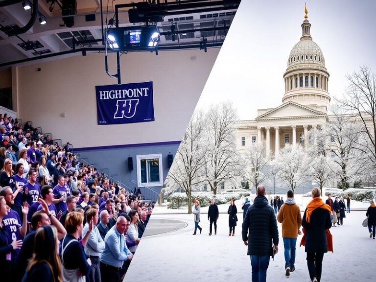 A split-image visual showing a modern furniture showroom on the left (representing High Point) and a snowy Wisconsin dairy fa