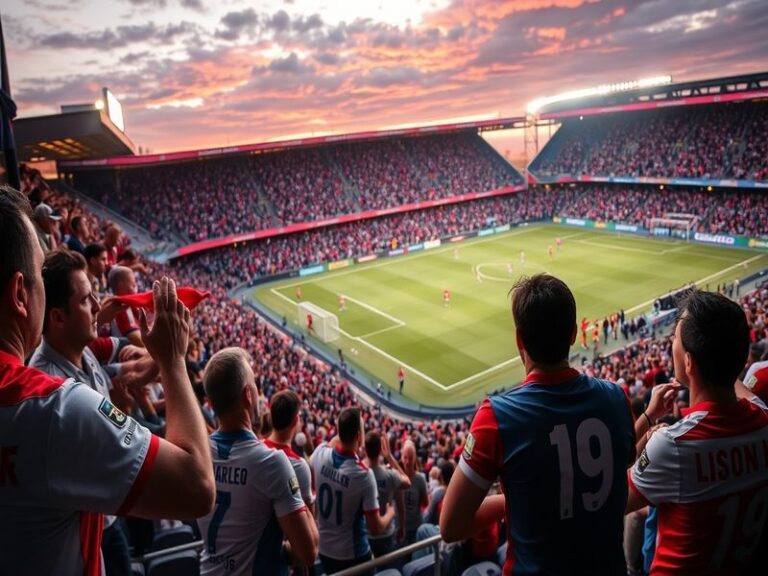 A vibrant stadium scene showcasing fans of both Lyon and Celta Vigo, with banners and flags waving, embodying the excitement