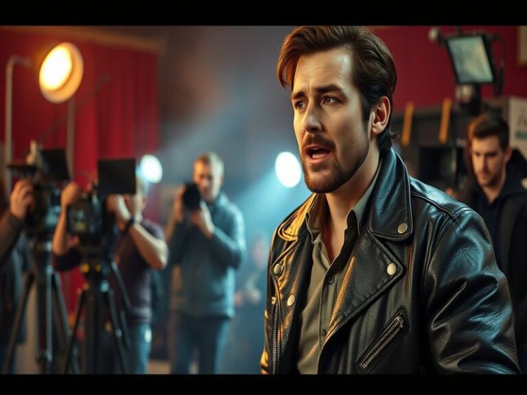 A dramatic scene from the film 'Michael' showcasing the protagonist in a moment of introspection, set against a city backdrop