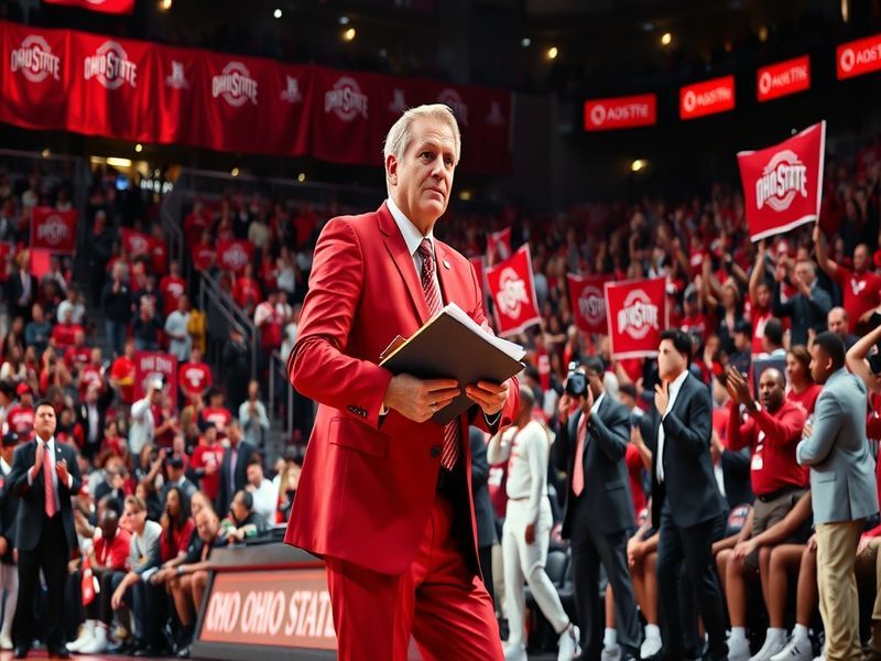 A dynamic image of Chris Holtmann coaching during a game, showcasing his intense focus and the excitement of college basketba