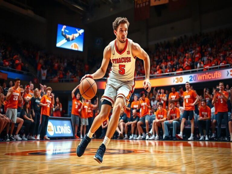 A dynamic image of Gerry McNamara during a Syracuse basketball game, showcasing his intense focus and determination, surround