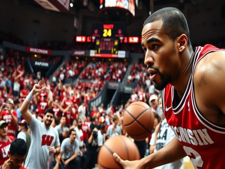 A mid-game action shot of the Wisconsin Badgers on defense, with players in white and cardinal jerseys jumping for a loose ba