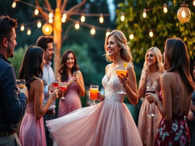 A vibrant promotional image of the ABC Bachelorette featuring the lead in a glamorous dress surrounded by contestants, set ag