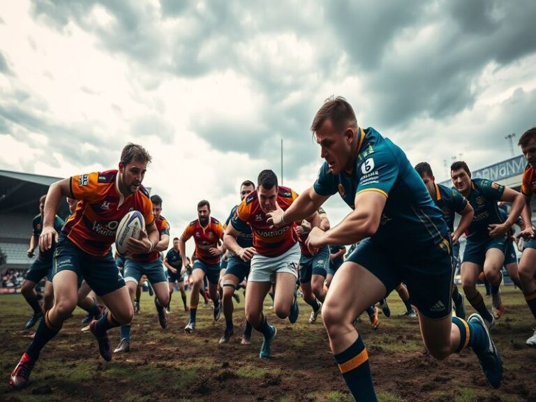 A dynamic action shot of a Warriors vs York Knights game, featuring players in motion, a packed stadium, and cheering fans, e