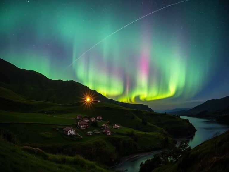 A stunning night sky filled with colorful auroras over Guastatoya, showcasing the town's landscape and a vibrant community fe