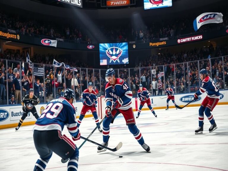 An action-packed image of a Rangers vs Blue Jackets game, showcasing players in motion, fans cheering, and the vibrant atmosp