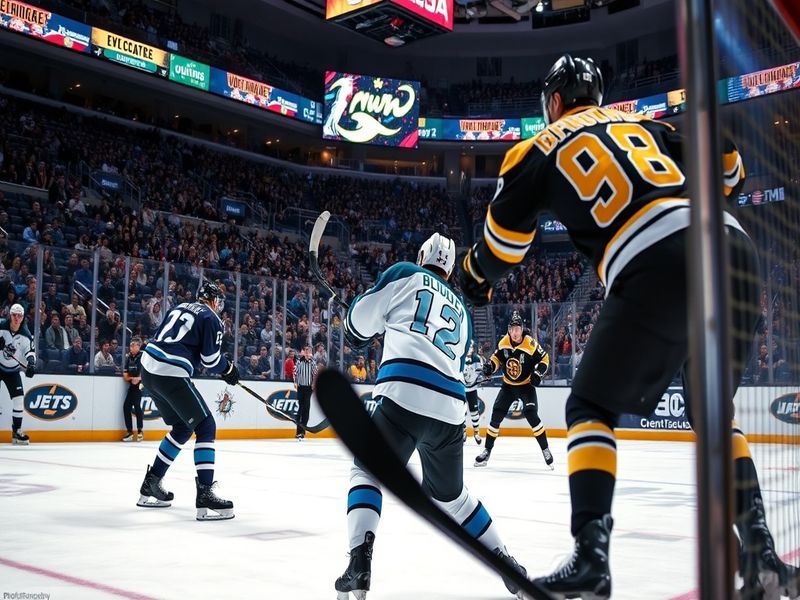 A dynamic image of a Jets vs Bruins game, showcasing players in action, the intensity of the crowd, and the vibrant atmospher
