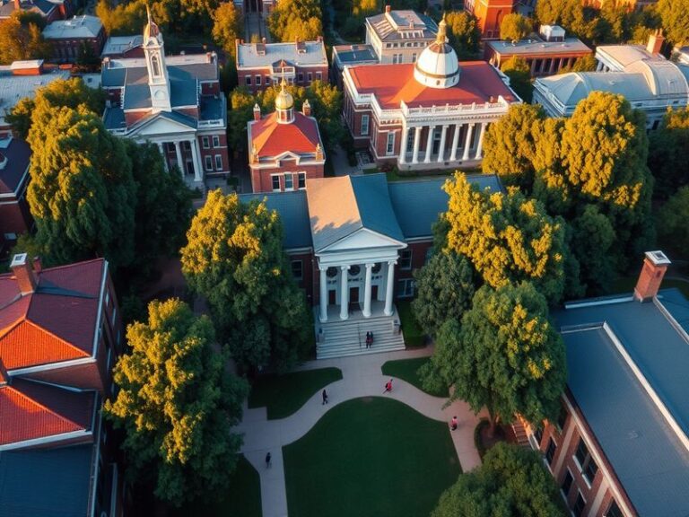 Aerial view of Howard University's campus in Washington, D.C., showing Founders Library, lush green spaces, and historic buil