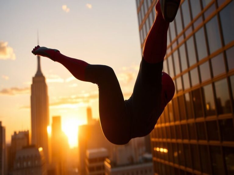 A dynamic scene of Tom Holland in his Spider-Man suit, swinging through a vibrant cityscape with international landmarks like