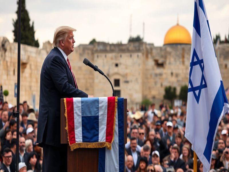 A split image featuring Donald Trump and the skyline of Jerusalem, symbolizing the U.S.-Israel relationship with a backdrop o