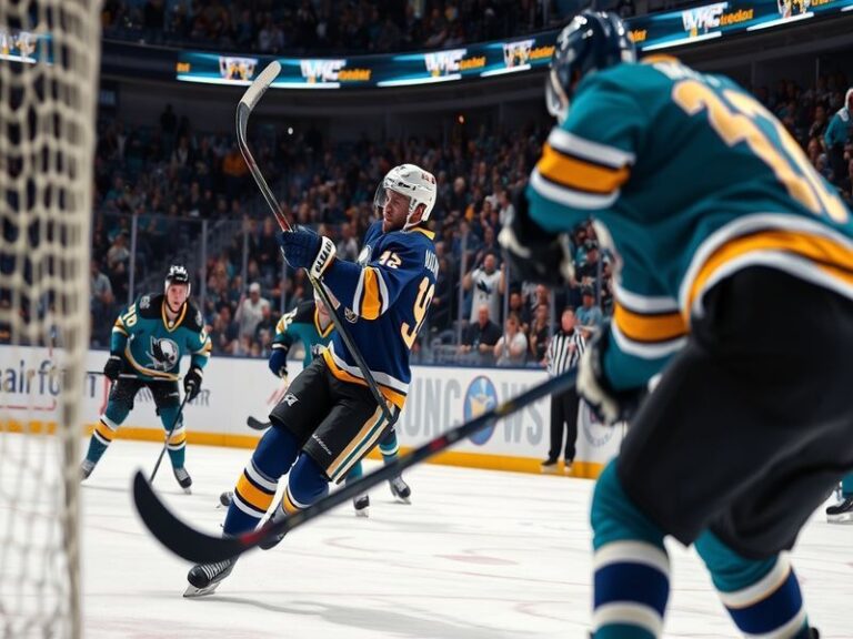 An action-packed hockey scene featuring the Buffalo Sabres and San Jose Sharks in a game, showcasing players battling for the