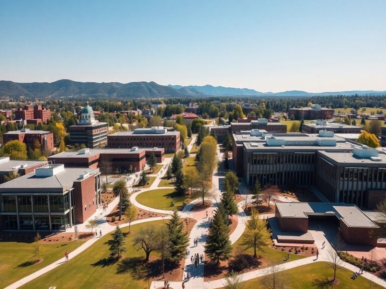 A panoramic view of Kennesaw State University's campus showcasing modern buildings, green spaces, and students engaging in ou