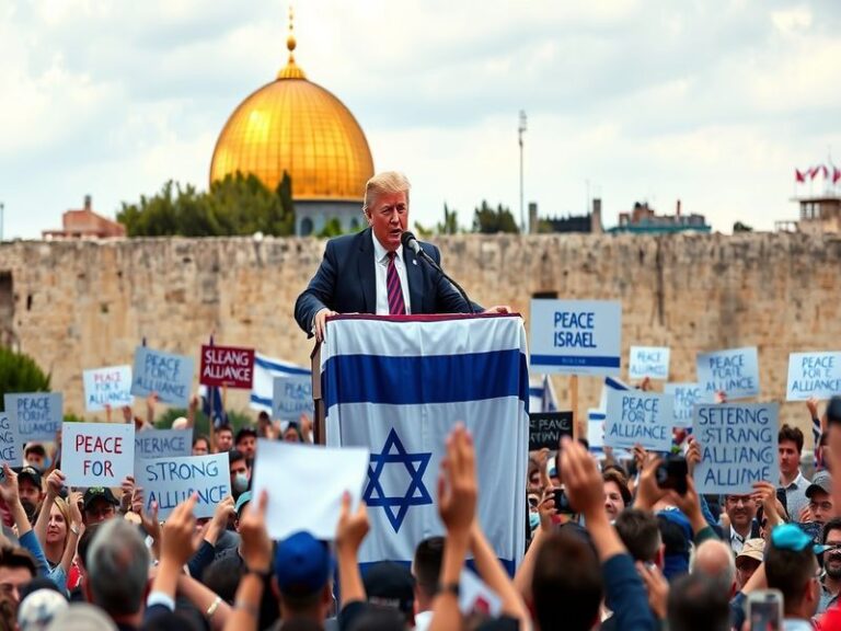 A split-screen image showing President Trump at a 2017 press conference announcing Jerusalem as Israel's capital alongside th