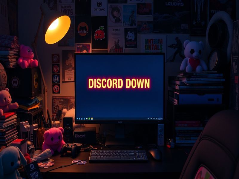 A screenshot of a Discord error message on a computer screen, with users expressing frustration in the background.