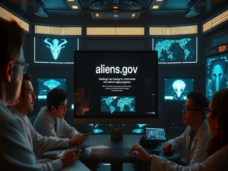 A visual representation of the Aliens.gov homepage, featuring a sleek design with UFO imagery and community interaction secti
