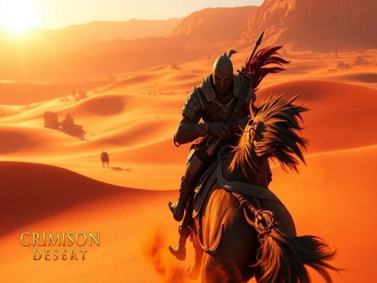 A breathtaking landscape from Crimson Desert showcasing mountains, lush forests, and a sunset sky, with a character wielding