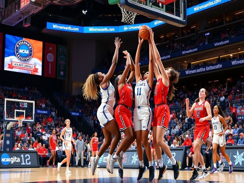 A vibrant scene from a women's basketball game, showcasing athletes in action, with fans cheering in the background, capturin