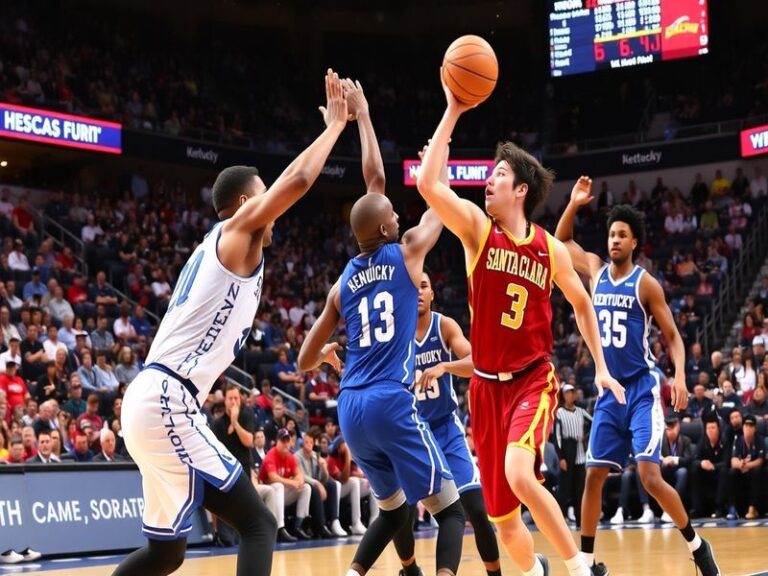 An action shot of a college basketball game featuring Santa Clara and Kentucky players competing for the ball, showcasing int