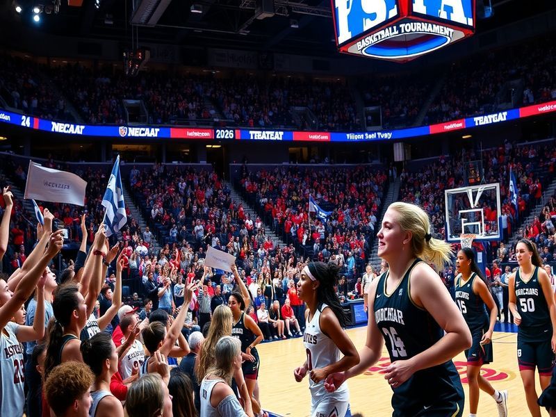 A dynamic action shot of a women's basketball game with a sold-out arena in the background, highlighting the intensity and ex