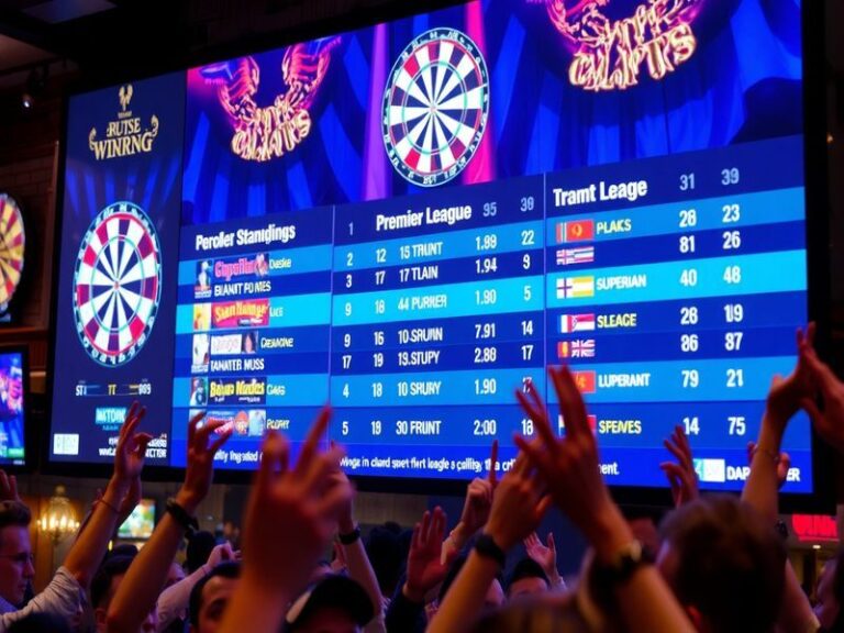 An action shot of a darts match featuring players throwing darts at a vibrant board, with a cheering crowd in the background.