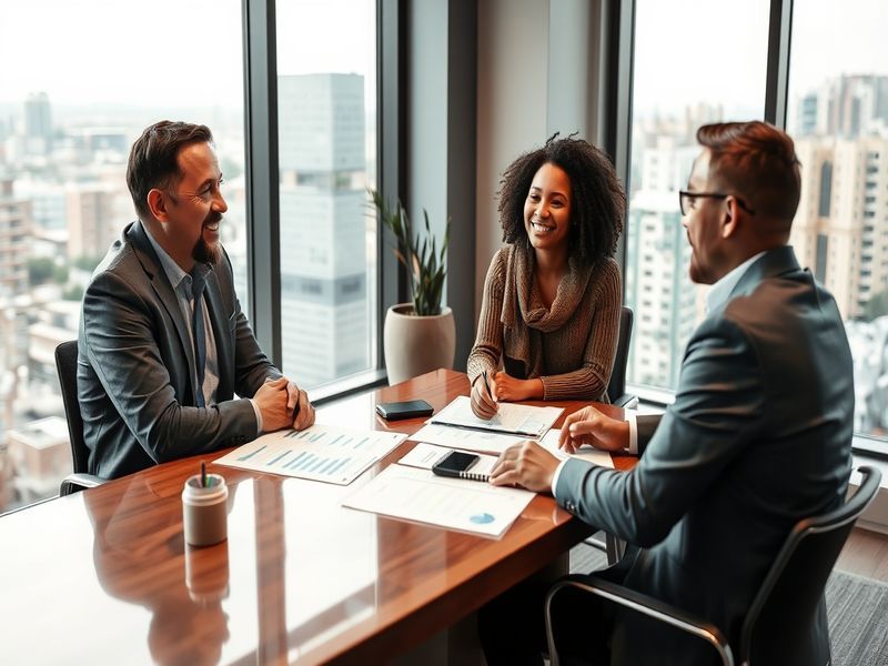 A professional mortgage officer discussing loan options with a couple in a modern office setting, showcasing documents and a