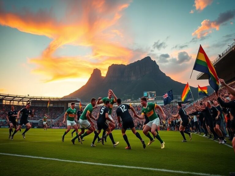A dynamic action shot of a South Africa vs New Zealand rugby match, featuring the haka in the background, players in mid-tack