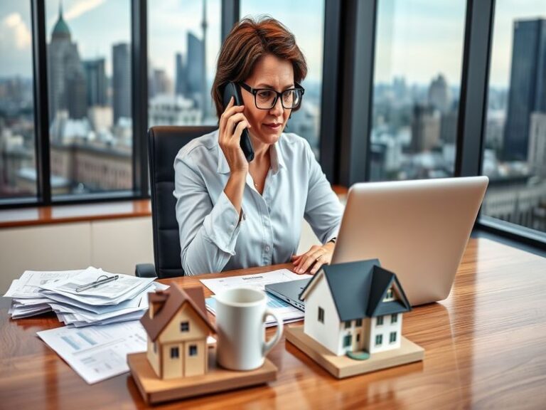 A professional mortgage officer sitting at a desk with financial documents, a laptop, and a welcoming smile, engaged in a dis