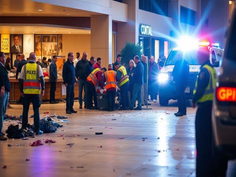 A somber scene at Park Place Mall, with caution tape and police presence, capturing the mood of concern and urgency.