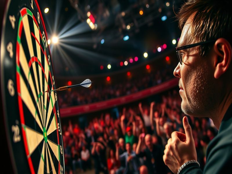 An action-packed scene from a Premier League Darts match, featuring players in mid-throw, vibrant crowd atmosphere, and the i