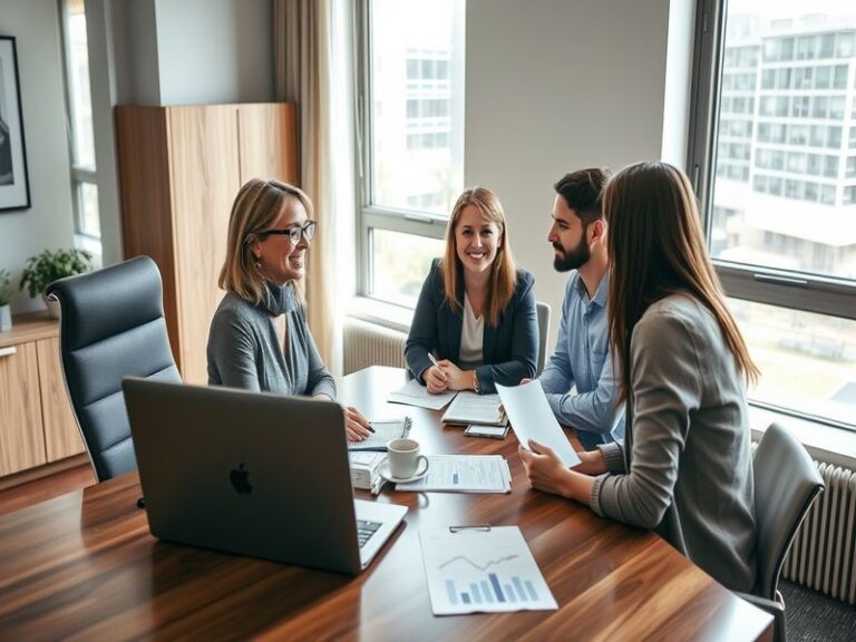 A professional mortgage officer discussing options with a client in a modern office setting, showcasing documents and a lapto