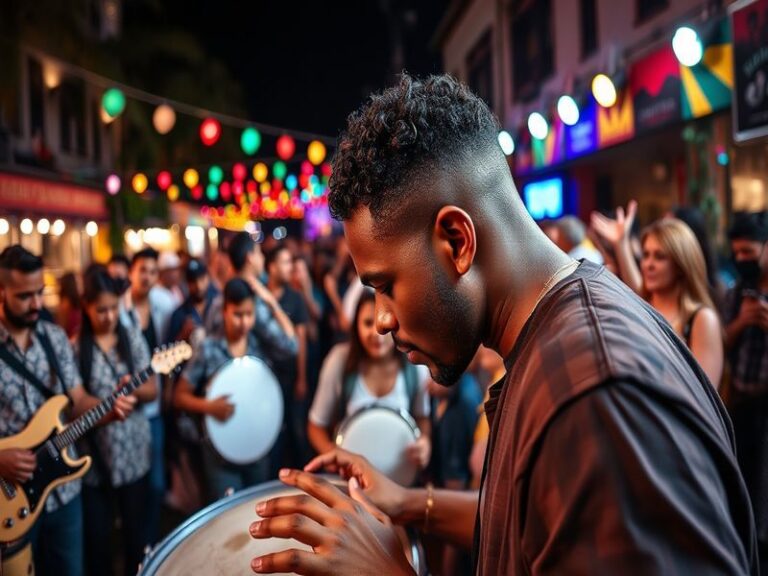 A vibrant concert scene with musicians performing on stage, capturing the energy of a Shake Rattle Roll event, with colorful