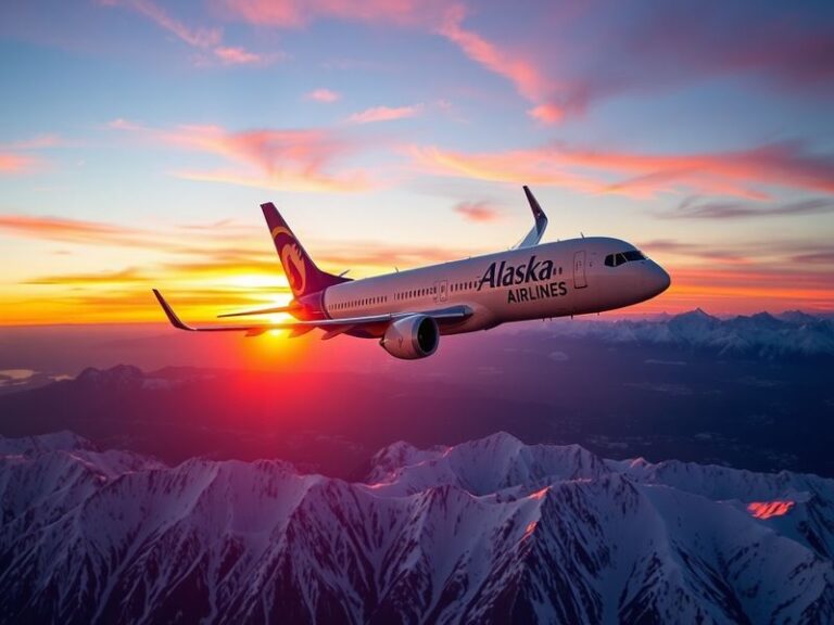 An Alaska Air aircraft flying over a scenic Alaskan landscape, showcasing mountains and forests, conveying a sense of adventu