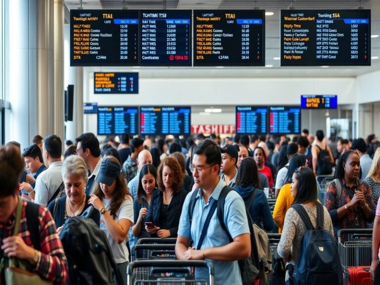 A crowded TSA security checkpoint at Hartsfield-Jackson Atlanta International Airport, showing long lines of travelers with l
