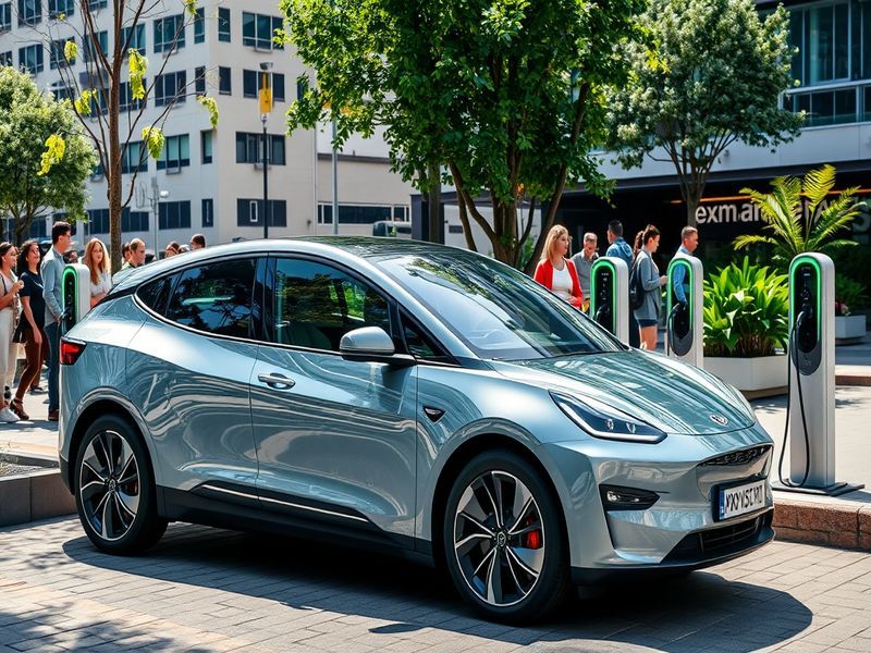 A bustling city street at dusk with electric cars and buses lined up along charging stations, solar panels on rooftops, and w
